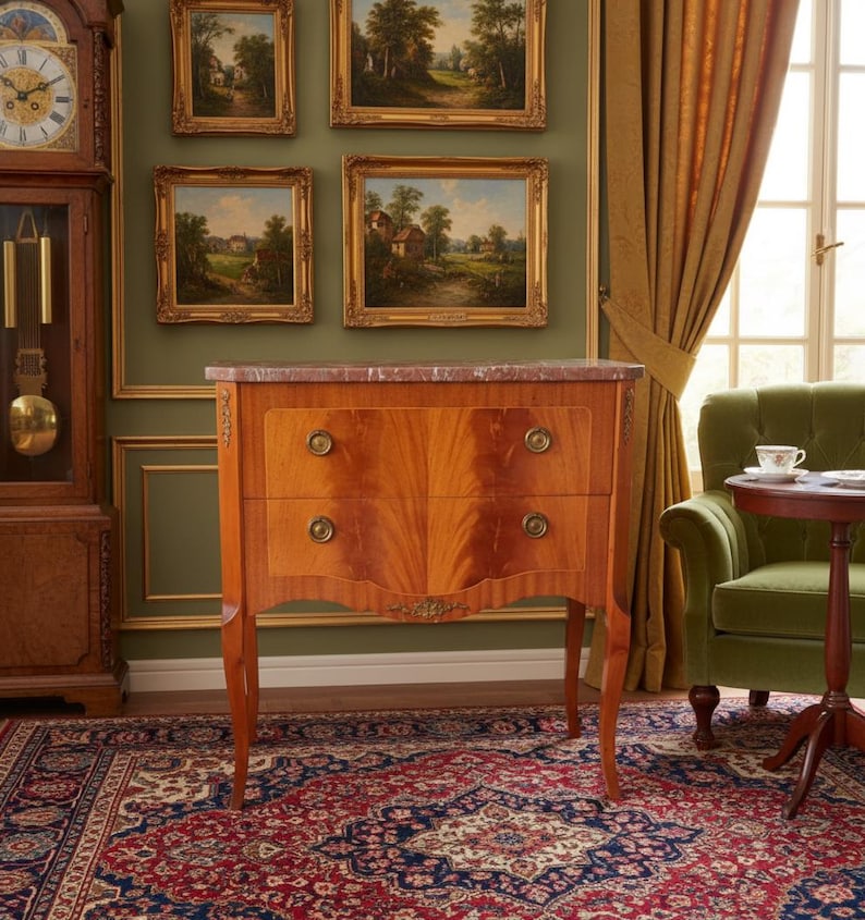 Nordic Baroque Chest of Drawers, Red Marble Accent Table. image 2