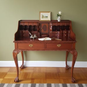 Mahoniehouten schrijfbureau, Chippendale secretair, traditioneel thuiskantoor, vintage houten kaptafel