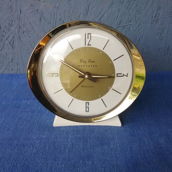 Big Ben Repeater Table Clock, Westclox Scotland, Vintage Mechanical Clock, 1960's Clock, Gold White Clock, Alarm Clock