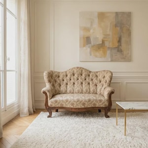 Può includere: Un divanetto a due posti con motivo floreale beige e marrone, schienale trapuntato e gambe in legno curvato. Il mobile presenta uno schienale alto e arrotondato e braccioli arrotolati, offrendo una seduta strutturata.