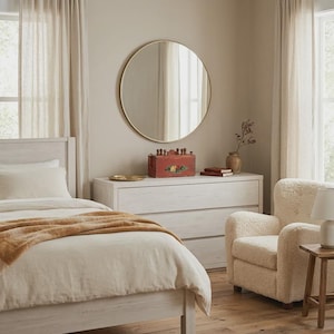 Peut inclure: Un miroir mural rond avec un cadre doré fin est suspendu au-dessus d'une commode en bois blanc. Sur la commode se trouvent une boîte rectangulaire en bois rouge avec des motifs floraux, deux petits livres et un vase. Un lit et un fauteuil sont présents.