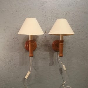 Pair of IKEA Wooden Wall Lamps, Turned Wooden Wall Lamp, Scandinavian Wall Lamps, Housewarming Gift, Wall Lamp with Lampshade