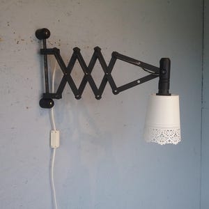 Vintage scissor wall lamp, wooden lamp with metal shade, Scandinavian wall lamp, housewarming gift