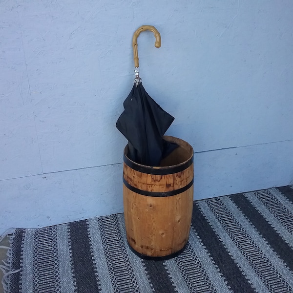 Vintage wooden barrel, umbrella and trekking pole stand, flower stand, pedestal, toy box, housewarming gift
