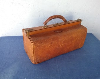 Antique French medicine bag, leather travel bag, leather chest, Gladstone collector bag, Vintage luggage