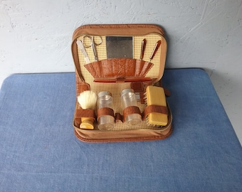 Vintage deutsche Leder Herren Fellpflege Set, Reise Rasierset