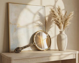Specchio a mano antico in ottone, specchio da toeletta del XIX secolo, vetro smussato, arredamento vintage per boudoir.