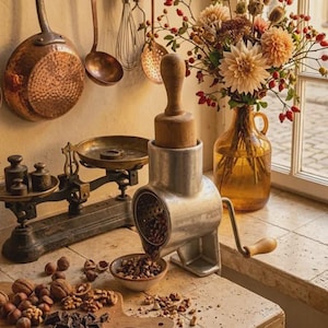 Râpe à noix rotative vintage, fabriquée à la main, objet de décoration de cuisine antique, de collection, à poser sur un comptoir au style rustique.