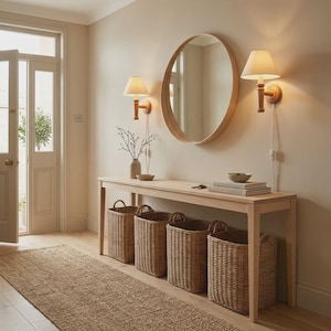 Puede incluir: Una mesa consola de madera clara con cuatro cestas de mimbre trenzado debajo, un espejo redondo y dos lámparas de pared con pantallas beige. La mesa sostiene un pequeño jarrón con ramas, un cuenco y libros apilados en un recibidor luminoso.