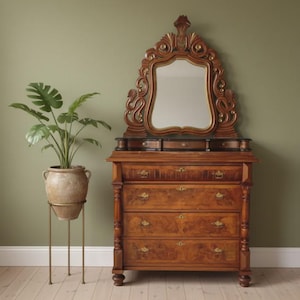 May include: A vintage wooden dresser with a mirror, featuring ornate carvings and brass hardware. The dresser has three drawers and a decorative mirror with a gold-toned frame. A potted plant in a ceramic pot sits on a gold stand.