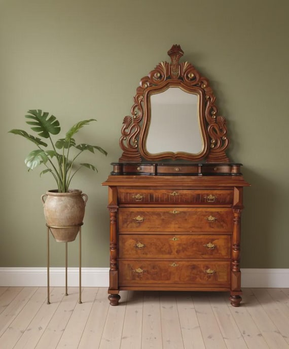 dresser with vanity mirror vintage HEBEHO Desk LED Lighted Mirror, Makeup Table with Drawers and Open Storage Shelf, Storage Table for Women Girls (Color : Walnut with Chair, Size : 80x40x130cm) this vanity adds a sophisticated focal point to your room antique Victorian dresser with mirror