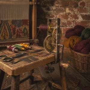 Può includere: Uno sgabello rustico in legno contiene rocchetti di filo colorato, forbici e un pettine. Un avvolgitore di filato vintage con ingranaggi in ottone è sullo sgabello. Un tappeto tessuto e un cesto di gomitoli di lana suggeriscono un tema artigianale.