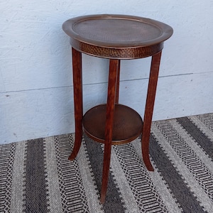 Vintage Scandinavian decorative flower stand made of wood and copper, handmade plinth, display stand, housewarming gift, side table