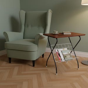 Bedside table, teak side table, Scandinavian newspaper stand "Numroett", K.A. Fredriksson, Värnamo.