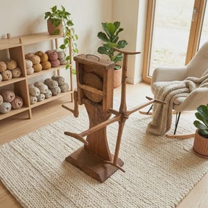 May include: A wooden yarn spinning wheel featuring a central gear mechanism, a vertical support post, and a rotating cross-shaped frame with four arms. The device is constructed from brown wood and includes a small metal handle on the top section.