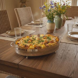 Op de afbeelding: Een ovale glazen ovenschaal met een aardappel- en vleesgerecht, geplaatst in een zilverkleurige metalen houder met handvatten en kleine voetjes. De schaal staat op een houten eettafel die is gedekt met borden, glazen en een vaas met bloemen.