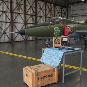 Op de afbeelding: Een olijfgroene straaljager met zwarte accenten staat in een hangar. Een houten kist met de tekst "Flygvapnet" staat voor een tafel met een blauwdruk, elektrische apparatuur en gereedschap. De hangar heeft een metalen deur.
