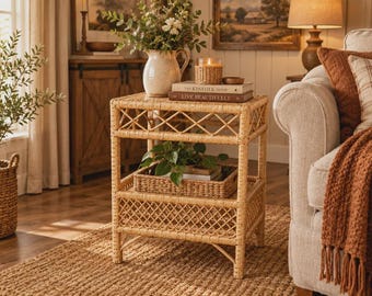 Vintage Wicker Nightstand, Rattan Side Table, Boho Bedside Table, Scandinavian Coastal Plant Stand.