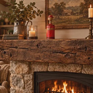 May include: A rustic, dark brown wooden fireplace mantel with a rough, weathered texture sits above a stone fireplace. The mantel is decorated with a red figurine, two lit candles in brass holders, a glass candle holder, and a metal pitcher with greenery.