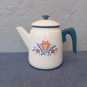Vintage Scandinavian enamel tea kettle by Kockums Jernverk AB, painted coffee pot, vintage kitchen, home decor, housewarming gift