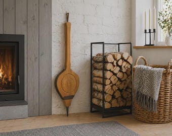 Vintage wooden fireplace bellows, handmade leather Scandinavian blower, rustic home decor.