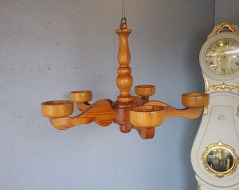 Stig Johnsson Swedish five-armed massive candle chandelier - 1960s, Smålandsslöjd Värnamo wooden hanging large candelabra, country decor