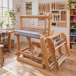 Può includere: Un grande telaio da pavimento in legno con un pezzo di tessuto grigio e bianco parzialmente tessuto. Il telaio presenta una struttura robusta, un pettine e un subbio. Un pannello forato a parete mostra vari strumenti per tessere, tra cui navette.