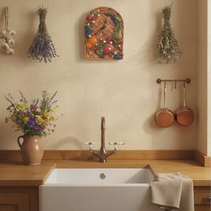 May include: A white farmhouse sink with a brass tap, a beige towel, a ceramic pitcher with wildflowers, two copper pans on a rack, and a decorative wall plaque featuring a woven basket design with sculpted fruits and berries in relief.