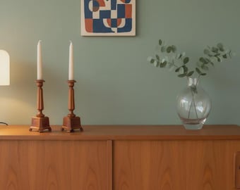 Walnut Wood Candle Holders, Scandinavian Vintage Pair, 1970s Mid-Century Modern, Hand-Carved Candlesticks, Retro Home Decor