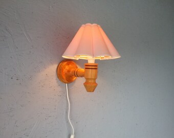 Wooden Swedish vintage wall lamp, turned wood wall lamp, Scandinavian wall lamps, housewarming gift, wall lamp with lampshade