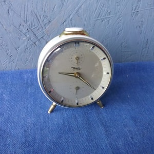 German Diehl Cavalier alarm clock, mechanical table clock, elegant ivory and gold clock, Vintage Alarm Clock