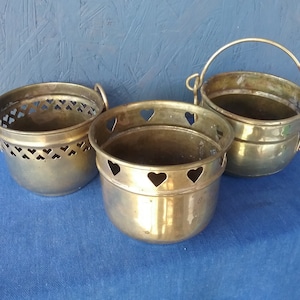 Set of 3 Vintage Solid Brass Flower Pots, Swedish Flower Pots, Garden and Home Decor, Retro Round Brass Pot with Patina, Herb Container