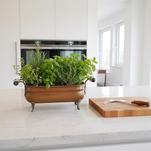 May include: A copper-colored planter filled with fresh herbs, including rosemary and basil, sits on a white countertop. The planter has decorative handles and small feet. A wooden cutting board and a curved knife are also on the counter.