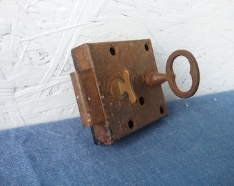 Antique Swedish Hand Forged Lock - Door Bolt, Wrought Iron and Brass Lock, Scandinavian Door Lock, Rustic Blacksmith Lock