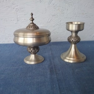Måstad Pewter Norway, mid-century sugar bowl and candlestick, Scandinavian design, vintage Norwegian tin, Norwegian folk art