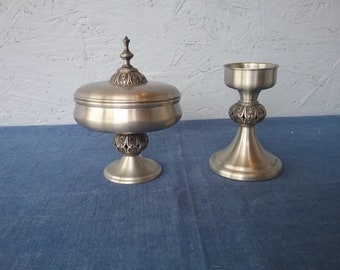 Måstad Pewter Norway, mid-century sugar bowl and candlestick, Scandinavian design, vintage Norwegian tin, Norwegian folk art