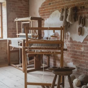 Può includere: Un telaio in legno con filo bianco, posizionato in una stanza con pareti in mattoni a vista. Un piccolo sgabello in legno si trova in primo piano con una navetta sopra, e diversi gomitoli di lana sono appoggiati sul pavimento vicino allo sgabello.