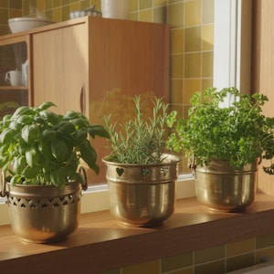 Macetas de latón suecas, soportes para plantas retro de estilo moderno de mediados de siglo, con un toque de latón calado en forma de corazón.