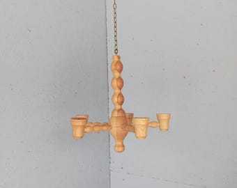Vintage Swedish Pine Candle Chandelier - Authentic Scandinavian Folk Art - 1970s Handmade Wooden Ljuskrona