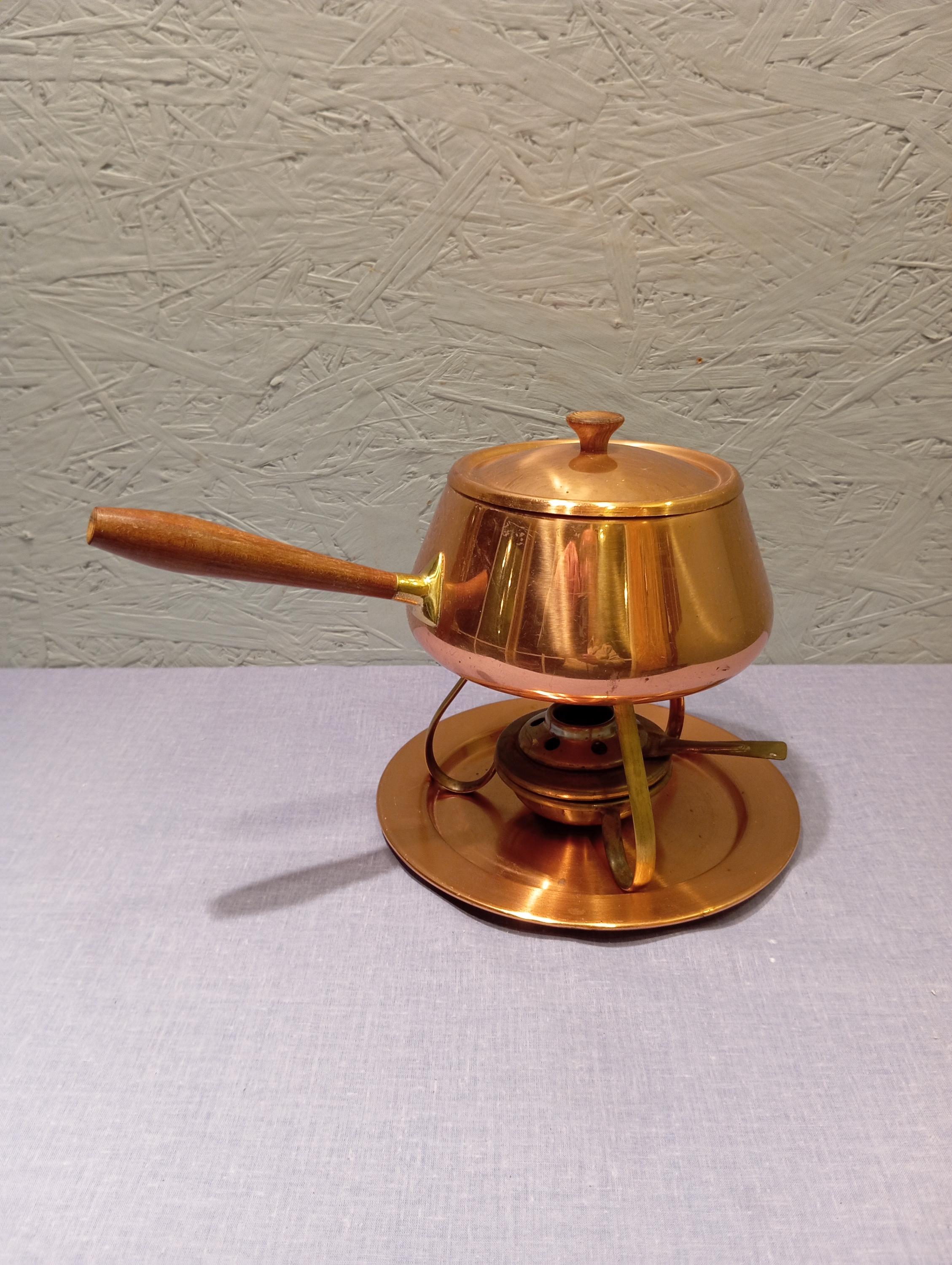 Service à Fondue Nomar – Fonte émaillée Marron – Décor Floral 1960 Vintage