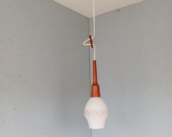 Vintage Danish Milk Glass Pendant Lamp with Teak Wood Accent
