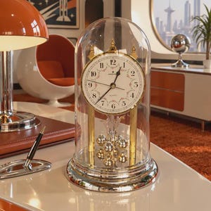 May include: A Junghans quartz anniversary clock encased in a clear glass dome. The clock features a white circular face with black Arabic numerals, floral accents, and gold-tone hands. A rotating pendulum with gold-tone spheres sits below the dial.