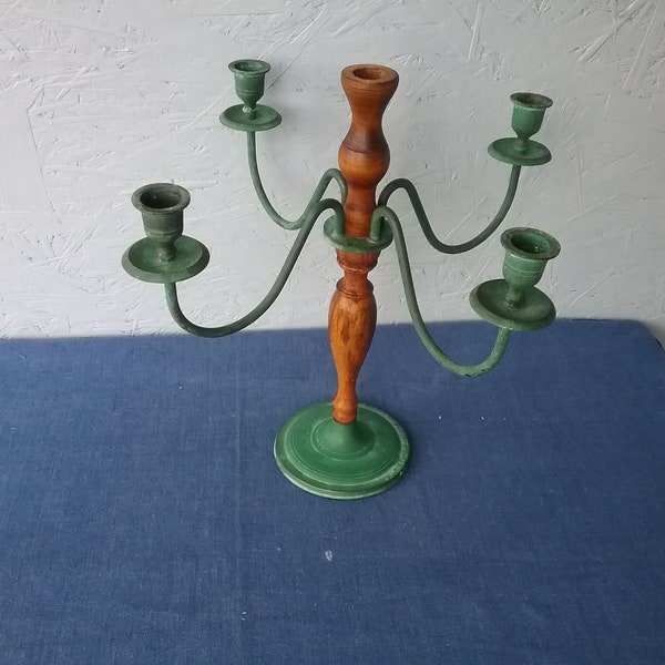 Portacandele da tavolo vintage svedese a quattro bracci, candelabri a 5 candele, portacandele in ottone e legno