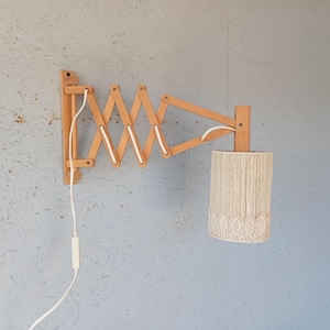 Vintage Danish scissor wall lamp with lampshade by Translandia, wooden wall lamp, Scandinavian wall lamp from the 1960s, housewarming gift