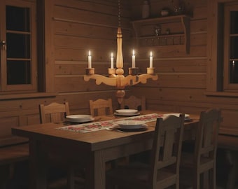 Vintage Swedish Wooden Candle Chandelier, Handmade Folk Style, 1970s