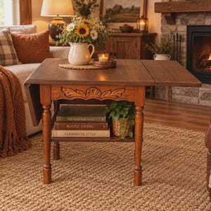 May include: A brown wooden drop-leaf table with a carved apron and a lower shelf. The table holds a white pitcher with sunflowers, a candle, and three stacked books titled The Kinfolk Home, Rustic Living, and Farmhouse Style, plus a small plant.