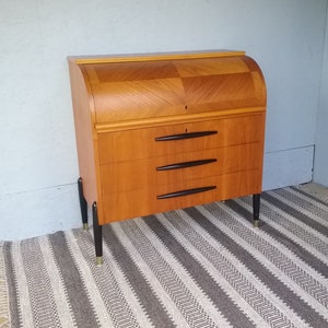 Bröderna Gustafssons Träindustri - Schweden 1950, Vintage Teakholz Sekretär, Vintage Schreibtisch, Teakholz Rollschreibtischschrank mit ausziehbarem Oberteil