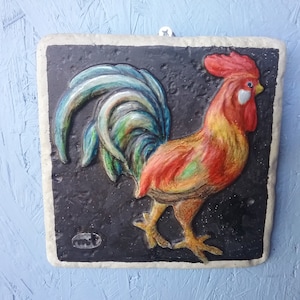 Mid Century Ceramic Wall Plaque/Ceramic Rooster Picture/Rustic Farm Decor/Handmade and Painted