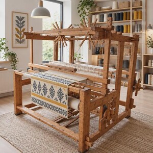 May include: A large wooden floor loom featuring a sturdy frame with multiple beams and wheels. A partially woven textile with a repeating gray and yellow geometric leaf pattern is stretched across the front, showing the intricate warp and weft threads.