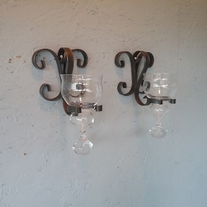 Vintage pair of wall candle holders in wrought iron and glass, Scandinavian wall candle holders, home decoration, housewarming gift
